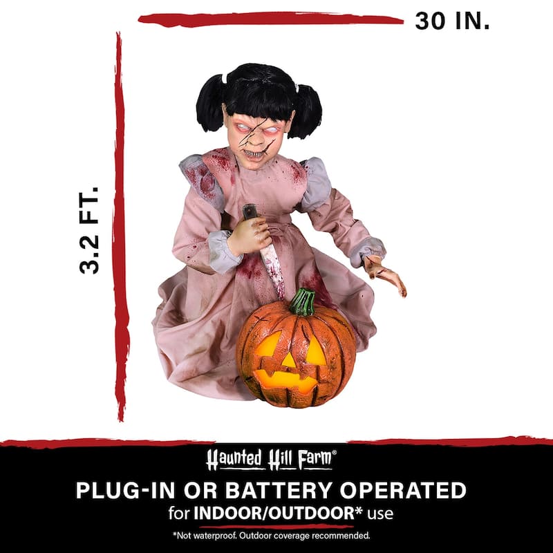 Haunted Hill Farm Lunging Pumpkin Carver Zombie Girl with Jack O'Lantern by Tekky, Premium Talking Halloween Animatronic