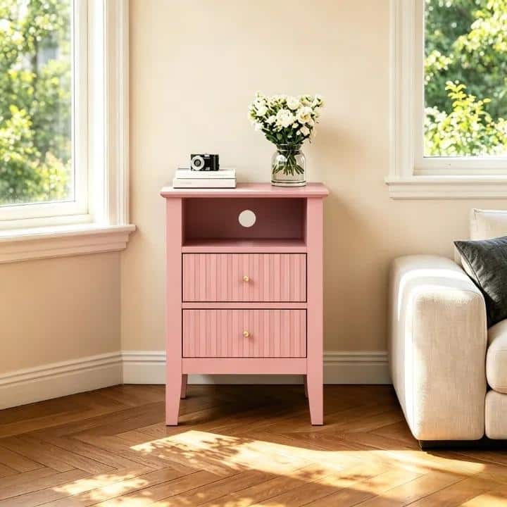2 Drawers Nightstand With Semi-Open Shelf – Eco-Friendly MDF - Pink
