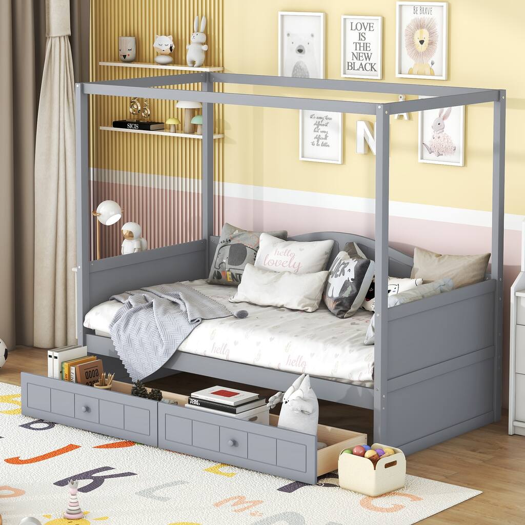 Roomfitters Twin Canopy Daybed with 2 Storage Drawers, Solid Wood Frame