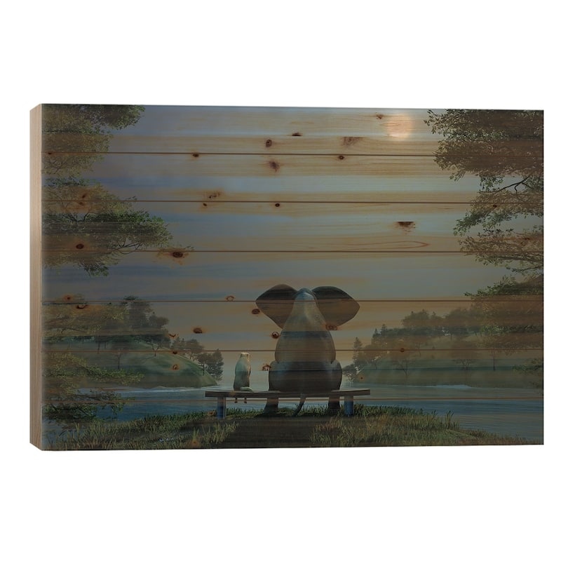 Elephant And Dog At Summer Night Print On Wood by Mike Kiev - Multi-Color - 18x26x1.5
