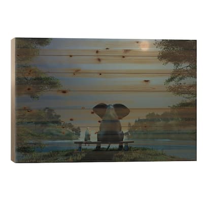 Elephant And Dog At Summer Night Print On Wood by Mike Kiev - Multi-Color