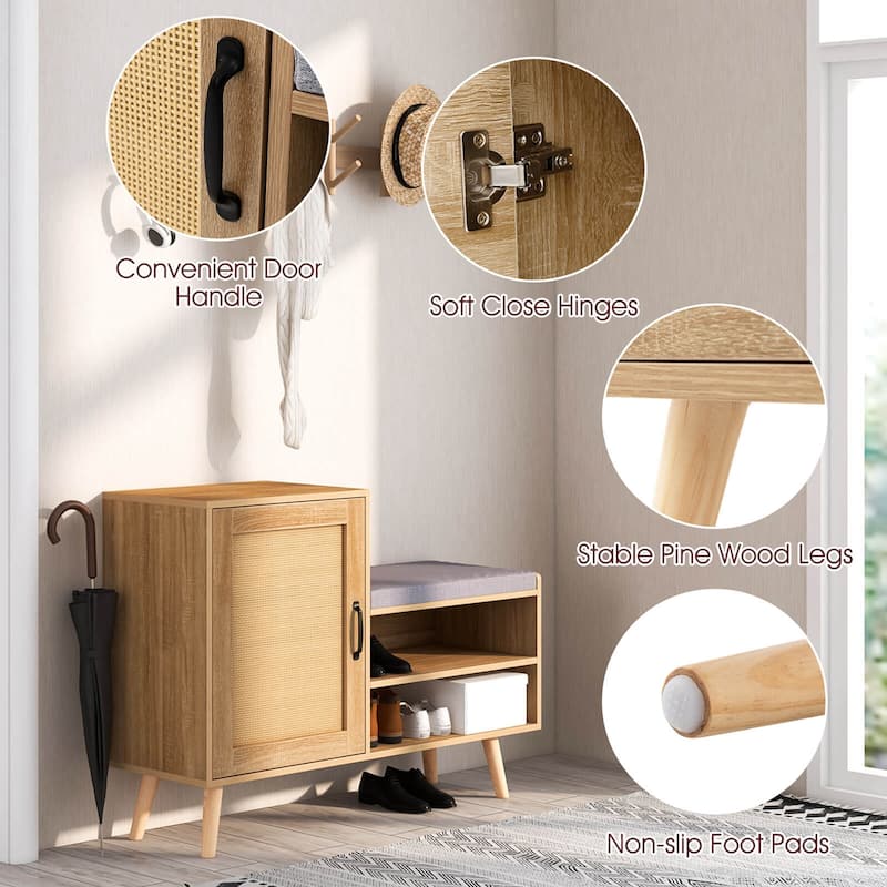 Costway 2-in-1 Rattan Shoe Cabinet with Bench 3 Adjustable Shelves & - See Details