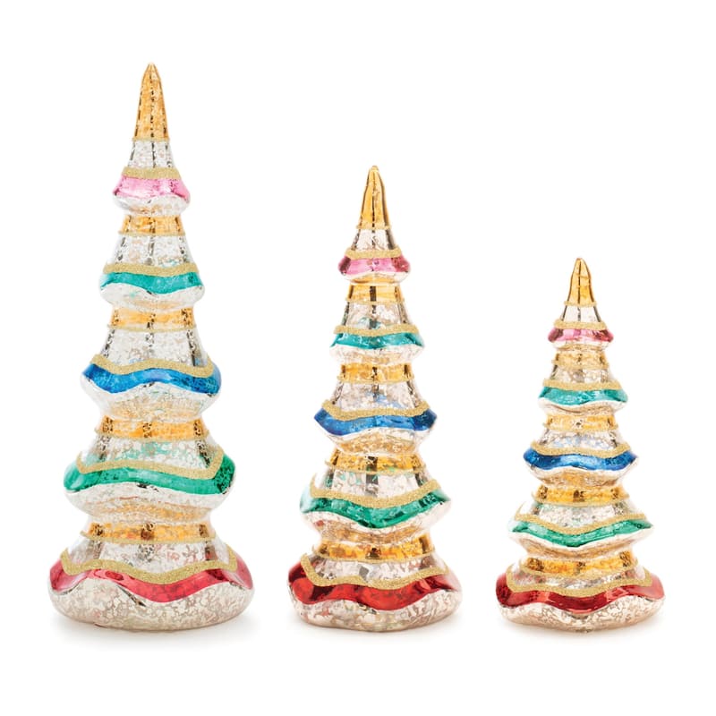 HomeRoots Set of Three Silver Gold Red And Green Mercury Glass Christmas Tree Sculptures - 4.25 in. x 11.50 in. x 4.25 in.