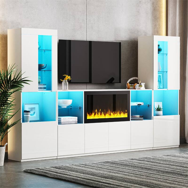 34.2" Non-Heater Electric Fireplace TV Stand - High Gloss Finish, LED Lights & Storage for TVs up to 75" - White