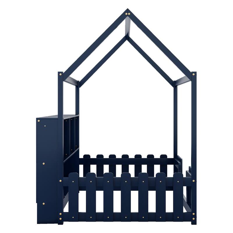 House Bed with LED Light, Wood House Bed with Storage Bookshelf, Floor House Bed with Guardrails