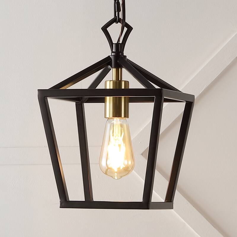 Virginia 8" 1-Light Vintage Farmhouse Iron Chain Pagoda LED Pendant, by JONATHAN Y - Oil Rubbed Bronze/Brass Gold