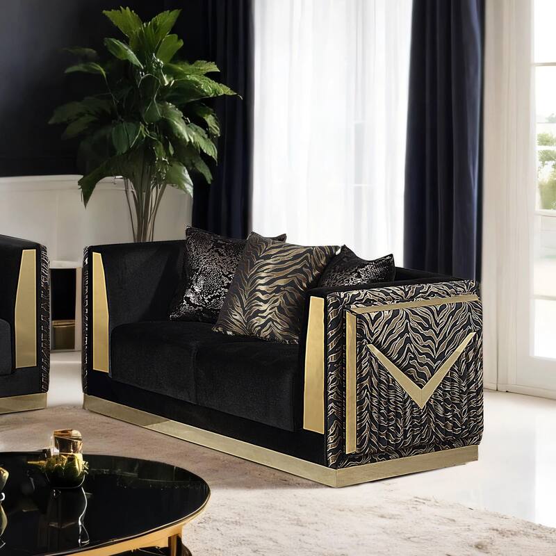 Furniture of America Ospray Glam Black Velvet Upholstered Zebra Print Loveseat - Black Velvet