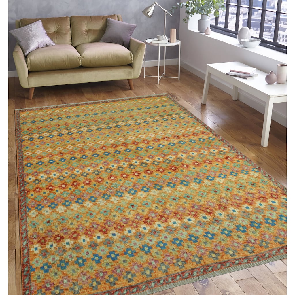 Balochi Tabia Orange/Blue Rug - 5'0" x 6'7"