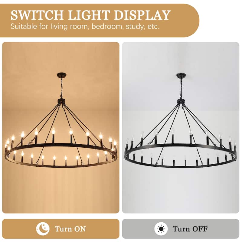 24 - Light 52in. Lagre Dimmable Wagon Wheel Chandelier Farmhouse Round Vintage Candle Style Light - N/A