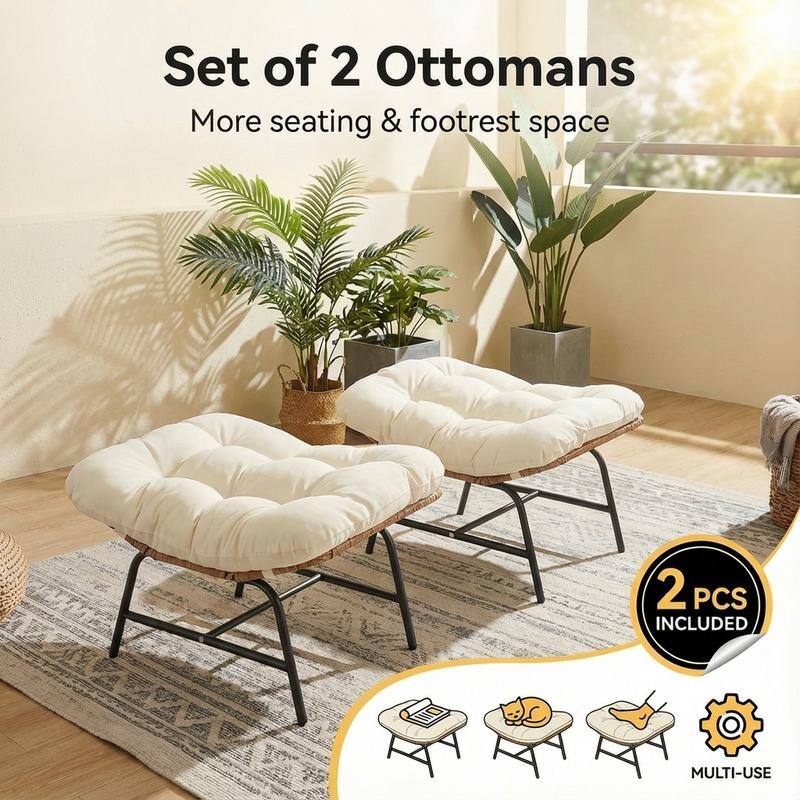 2-Piece Outdoor Wicker Ottomans with Cushions, Weather-Resistant Boho Patio Rattan Footrests for Garden, Porch, and Balcony