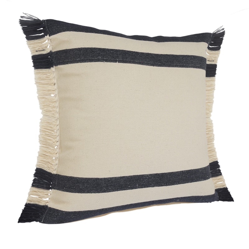HomeRoots 26" X 26" Ensign Blue White And Linen 100% Cotton Striped Zippered Pillow