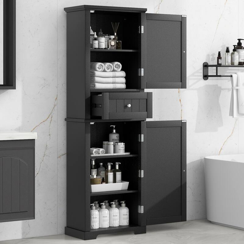 Modern Floor Storage Cabinet Freestanding Cabinet with Adjustable Shelves and Drawer for Bathroom, Living Room, or Bedroom