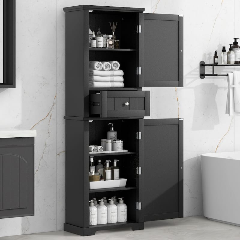 Tall Bathroom Storage Cabinet, Freestanding Storage Cabinet with Drawer and Adjustable Shelf, MDF Board with Painted Finish - Black