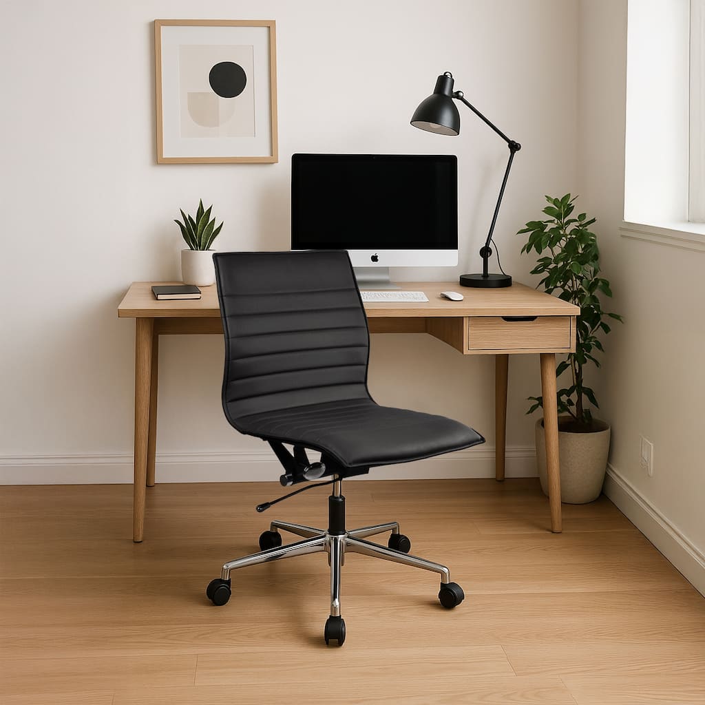 Modern Office Desk Chair | Upholstered PU Leather Ribbed Armless Mid Back with Metal Frame | Adjustable Height, Tilt Lock