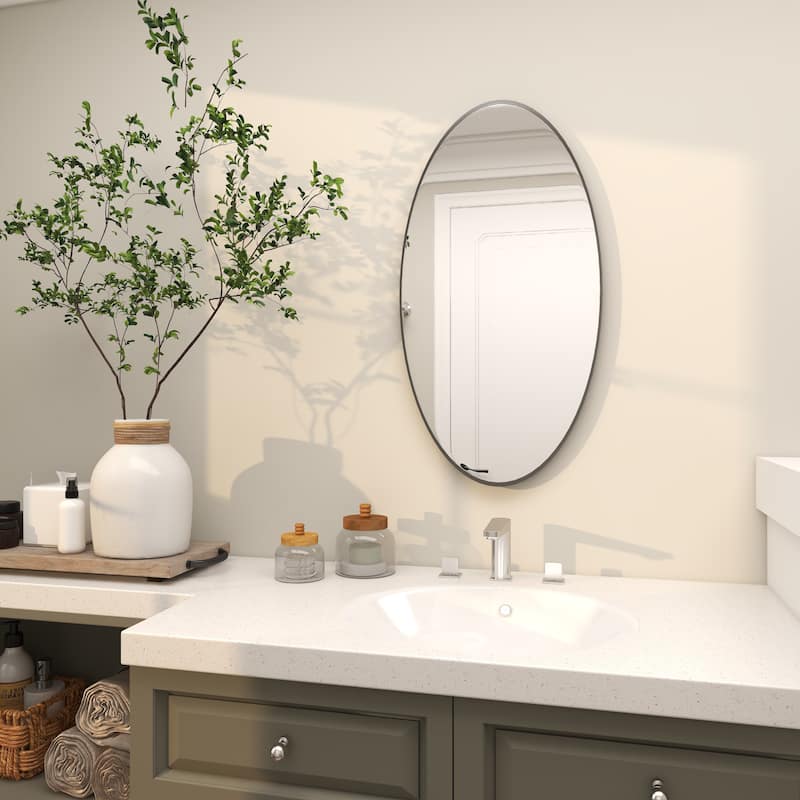 Wood Oval Room Wall Mirror with Thin Minimalistic Frame - Black, Gold or White - Roche River Decor