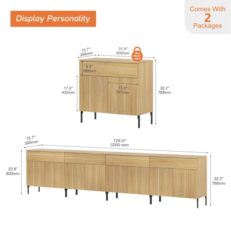 31.5" Wooden Reeded Sideboard With Doors And Drawer, Modern Credenza Storage Cabinet