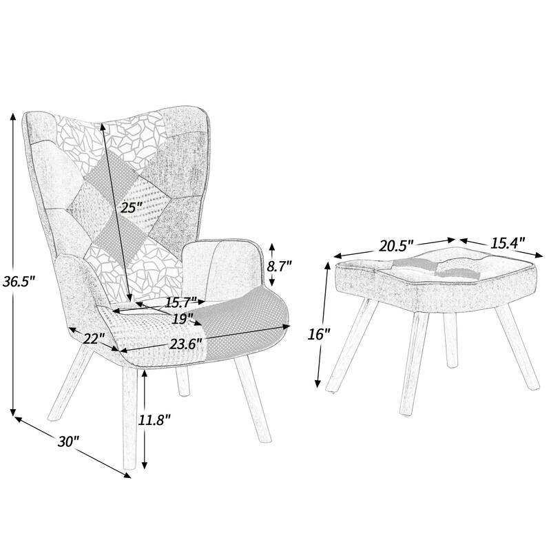 Accent Chair with Ottoman, Comfy Side Armchair for Bedroom, Creative Splicing Cloth Surface
