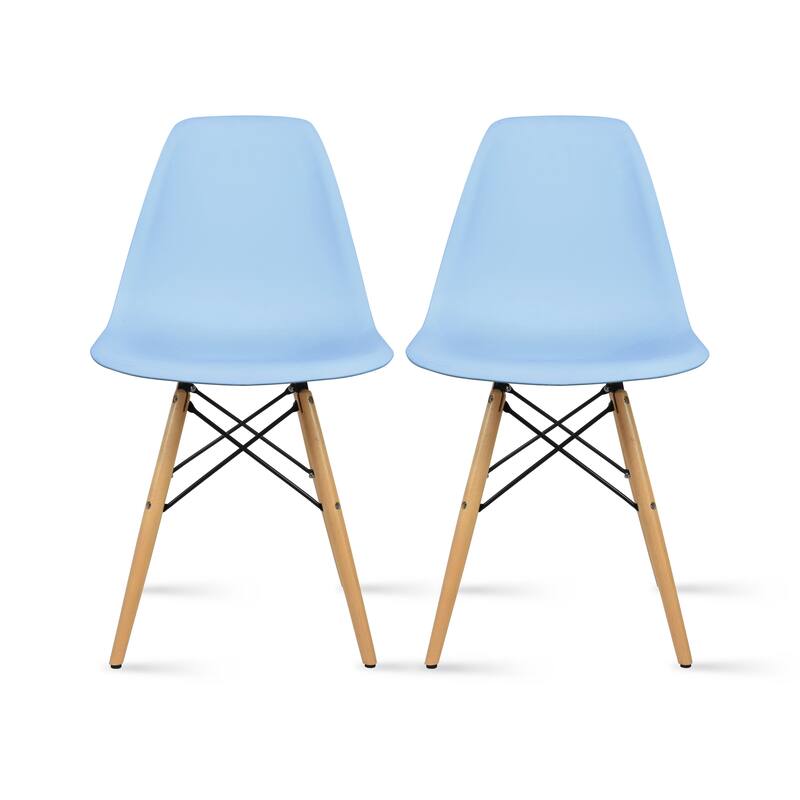Set of 2 Designer Plastic Eiffel Chairs Solid Wood Legs Retro Dining Molded Shell Hotel Dowel For Kitchen Bedroom Work - Blue