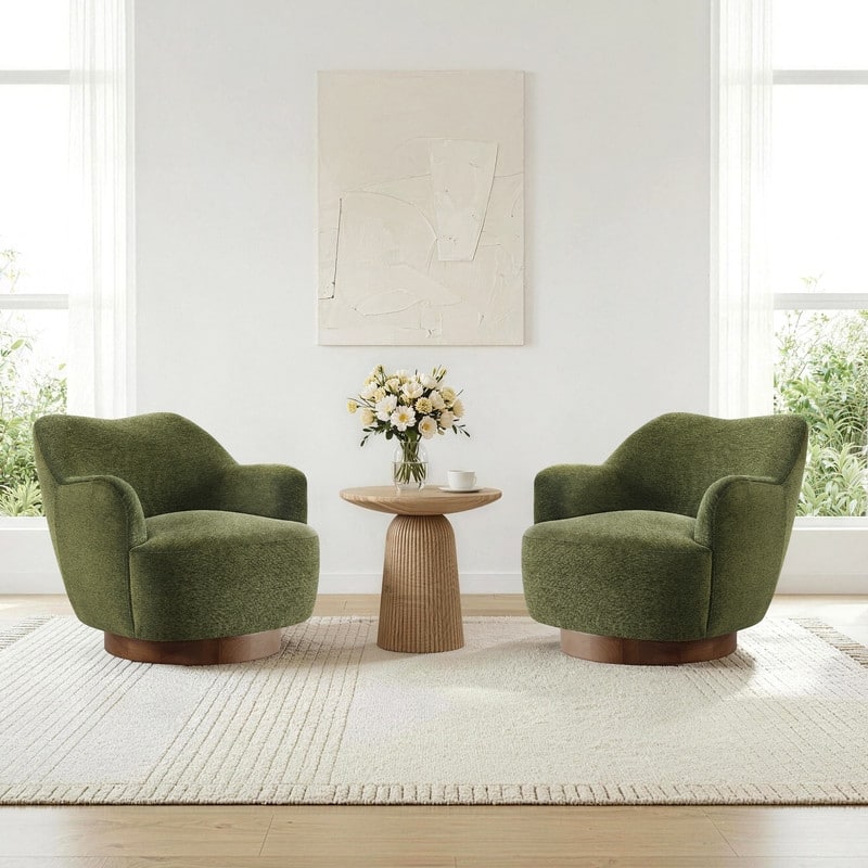 Spruce & Spring Modern Upholstered Swivel Accent Chair with Wood Base - Set of 2 - Green