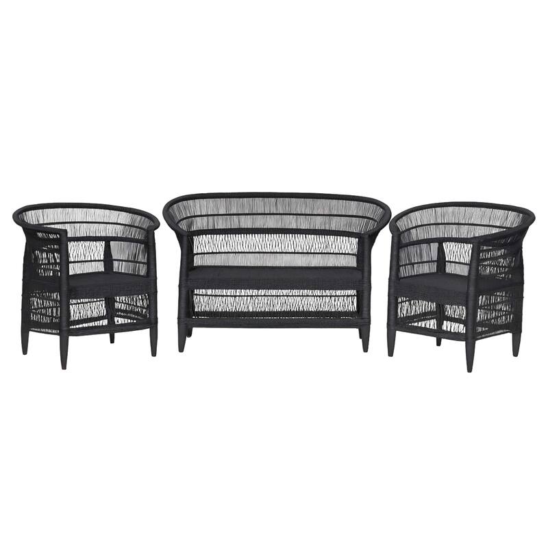 100% Handwoven Natural Rattan 3-Piece Indoor Seating Set with 2 Chairs and Loveseat, Solid Wood Frame, Boho Farmhouse