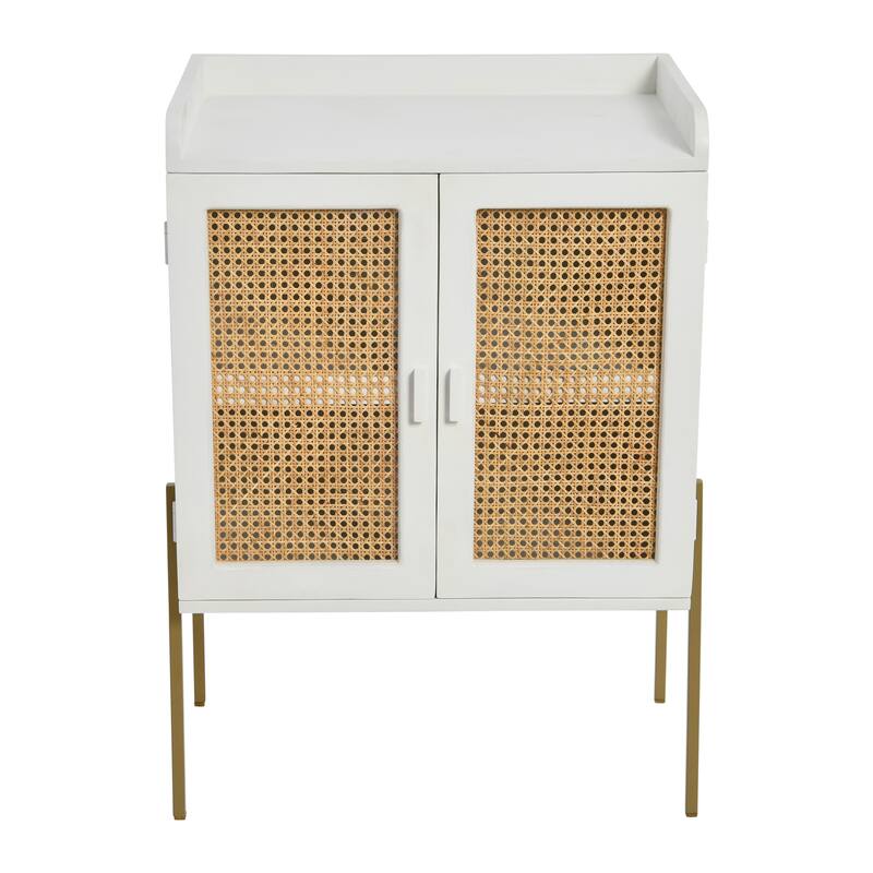 Solid Wood Bar Cabinet with Metal Legs and Woven Cane Doors