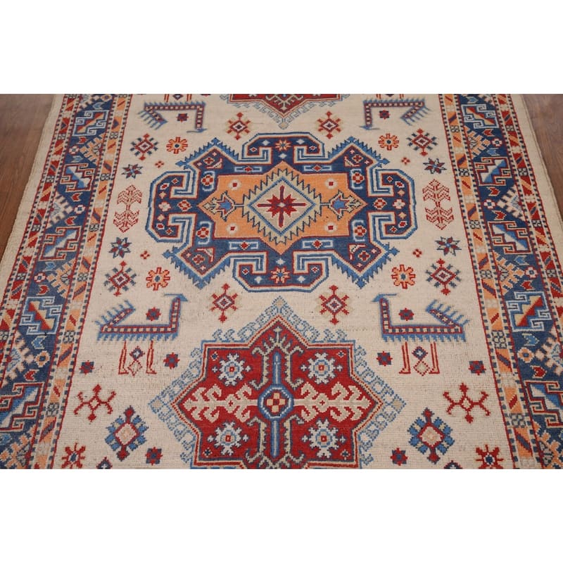 Geometric Beige / Ivory Kazak Accent Rug Hand-Knotted Wool Carpet - 4'0" x 6'1"