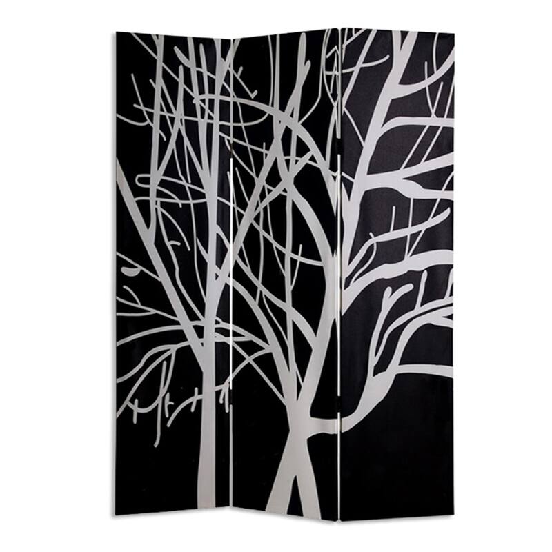 3 Panel Canvas Room Divider with Branch Pattern, Black and White