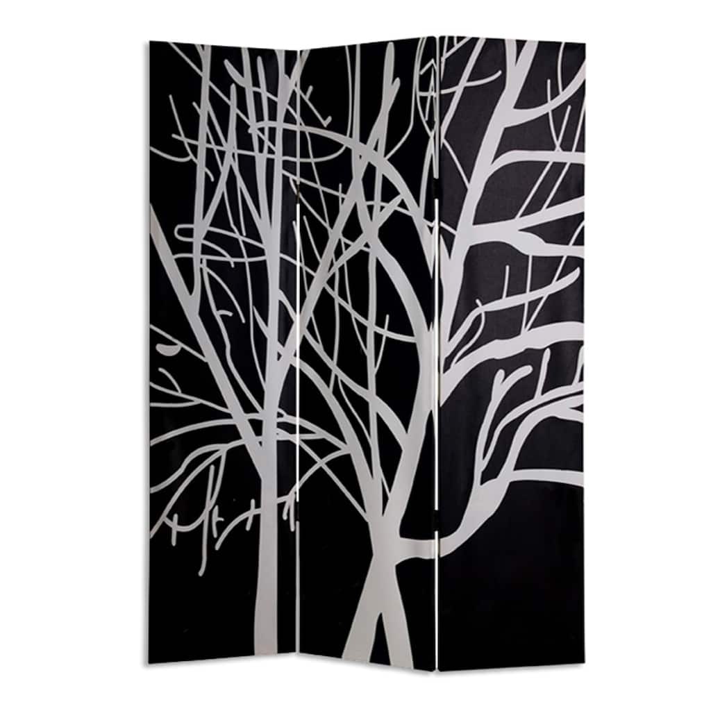 3 Panel Canvas Room Divider with Branch Pattern, Black and White