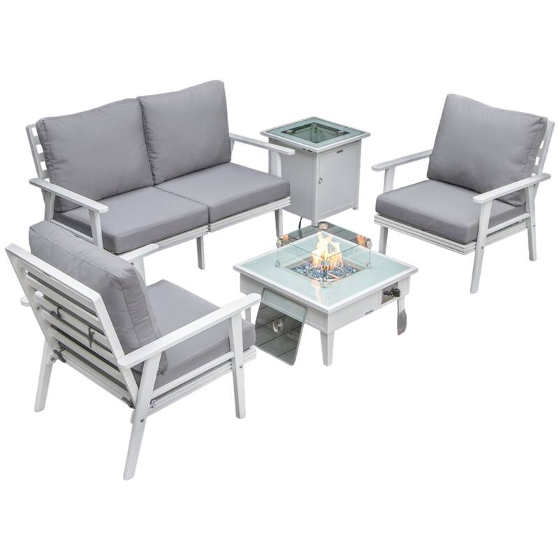 Walbrooke Modern 5-Piece Aluminum Patio Polyester Seating Furniture Set with 37,000 BTU Propane Fire Pit Table and Tank Holder - Grey