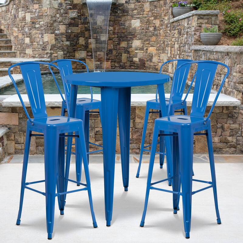30'' Round Metal Indoor-Outdoor Bar Table Set with 4 Cafe Stools - 30"W x 30"D x 41"H
