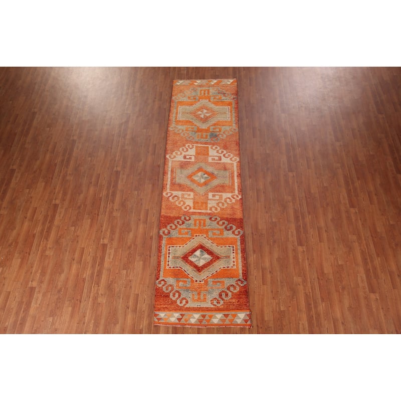 Transitional Oushak Oriental Vintage Runner Rug Handmade Wool Carpet - 3'2"x 11'9"