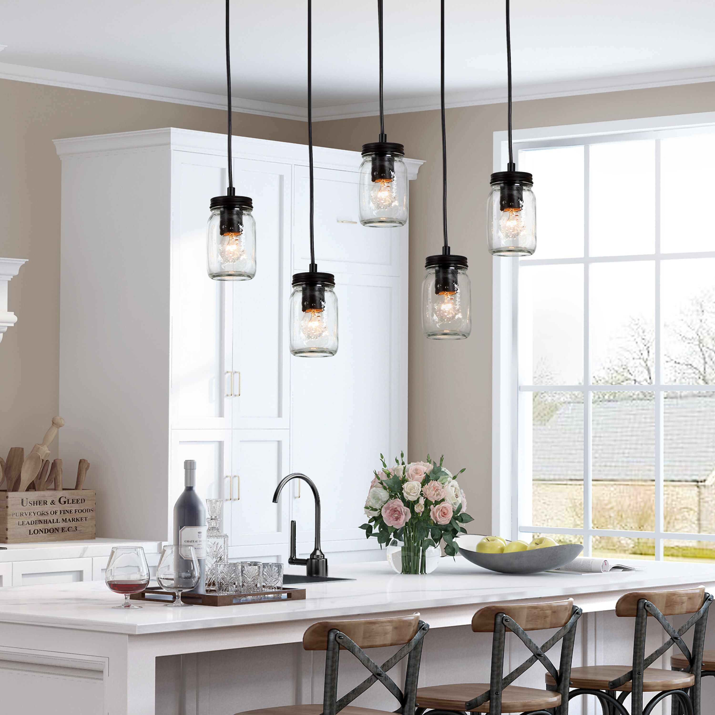 Farmhouse 5-light Linear Chandelier Faux Wood Mason Jar Island Lights