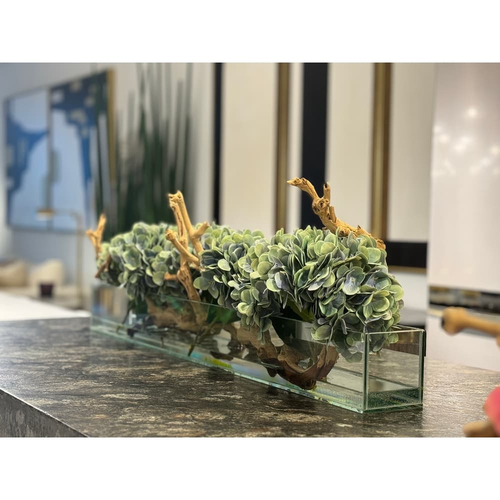 Casa Moderna Glass Plate Planter with Hydrangeas and Driftwood