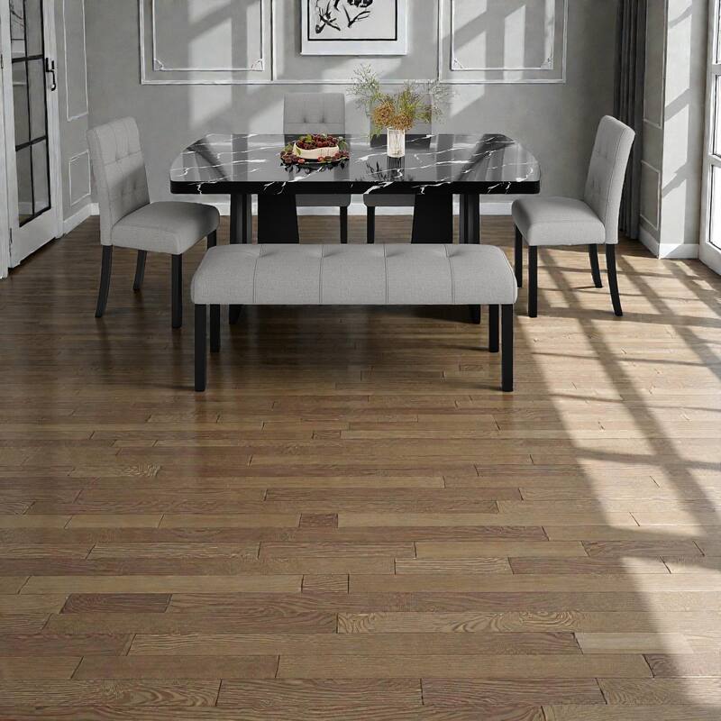 6-Piece Modern Dining Set, 63" Faux Marble Table with Geometric Legs, 4 Upholstered Chairs and Bench for Kitchen Dining Room