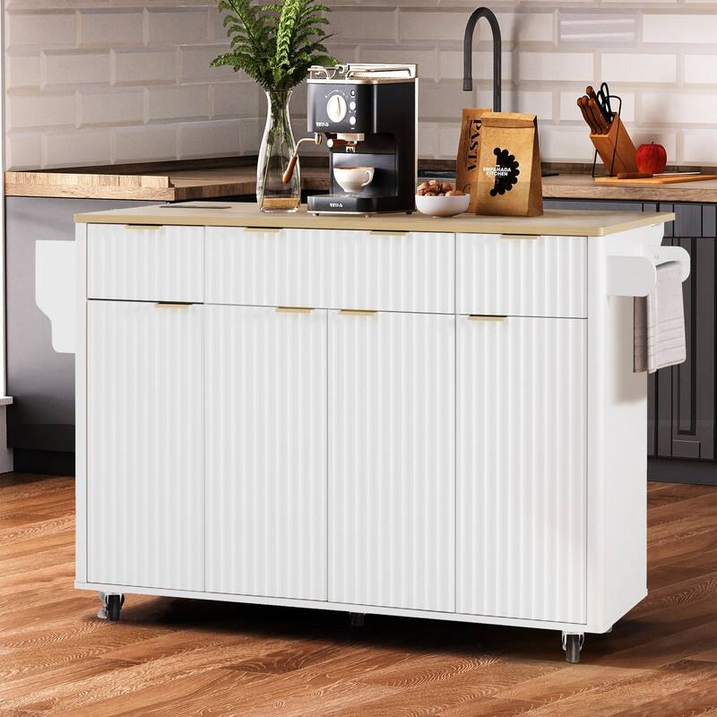 Fluted 55.5" Kitchen Island with Drop Leaf, Rolling Island Table with Drawers, Power Outlet for Functional Kitchen Organization - White