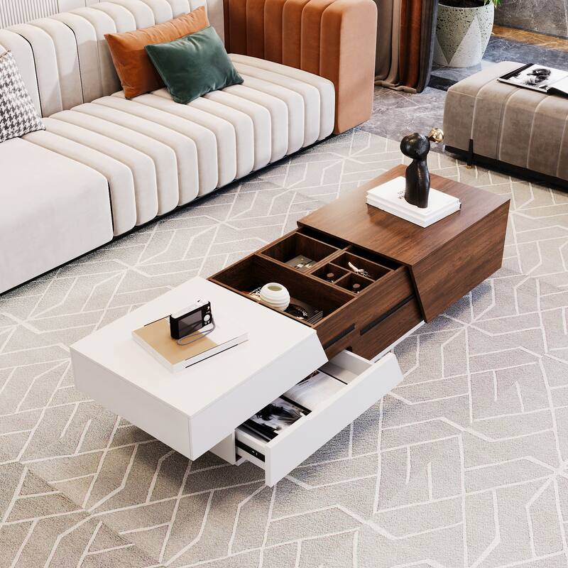 Roomfitters Modern Extendable Sliding Top Coffee Table with Hidden Storage Compartments, White & Walnut - White+Walnut