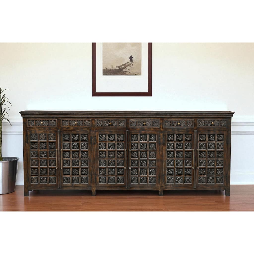 HomeRoots 107" Brown Distressed Solid Wood Carved Floral Six Drawer Sideboard with Six Doors