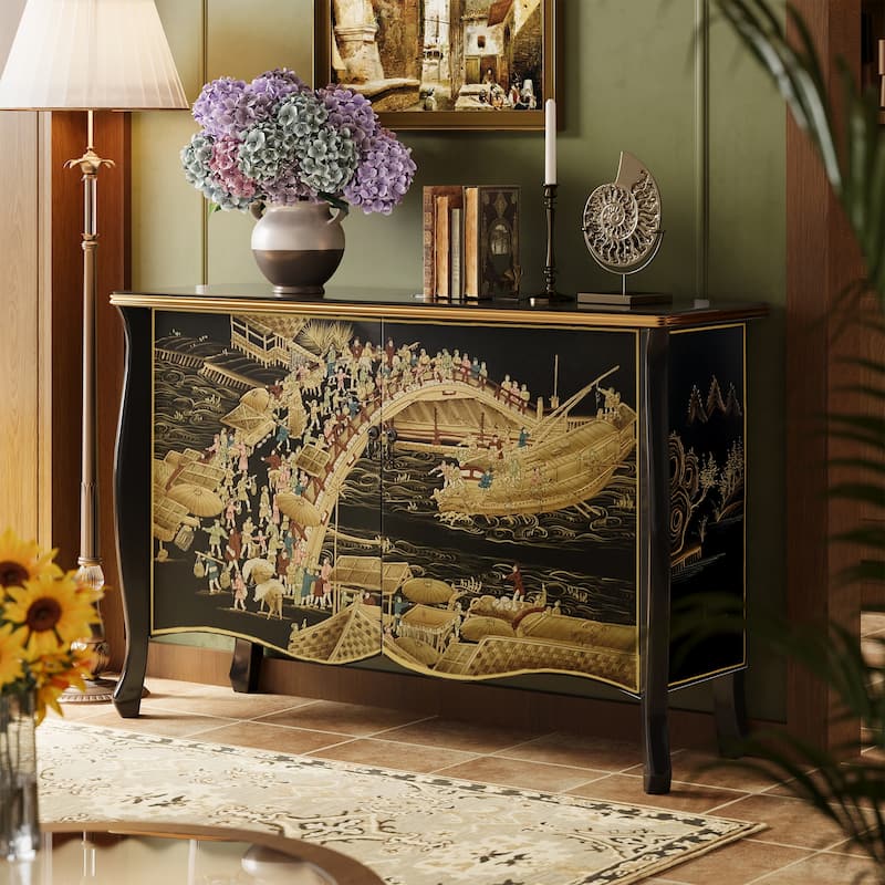 51.18'' Sideboard Pure handcrafted vintage painted double sliding door partition storage entryway decorative cabinet