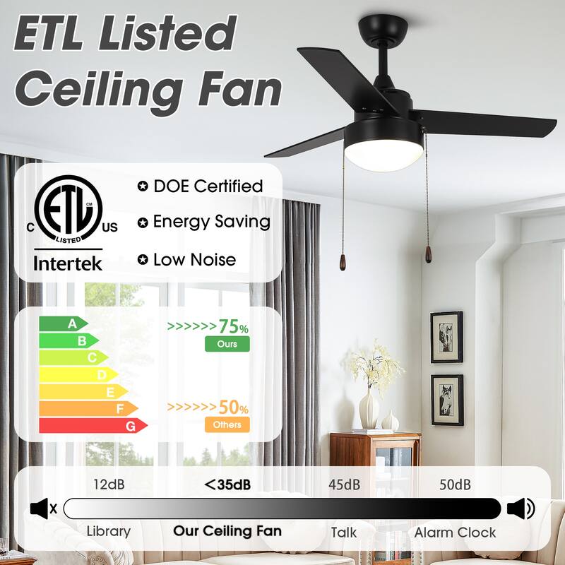 42" Modern Black Wooden Indoor Ceiling Fan Light with Pull Chain