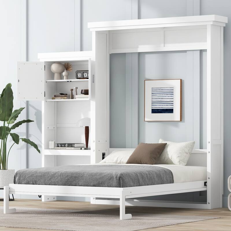 Queen Size Murphy Bed Convertible Louvered Style Cube Cabinet Foldable Platform Bed with Side Storage Bookcase Cabinet Shelves
