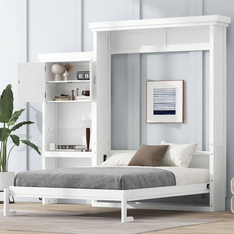 Queen Size Murphy Bed Wall Bed with Louvered Panel and Side Storage Shelves Space Saving Murphy Bed Pull Down Bed with Cabinets - White - Queen