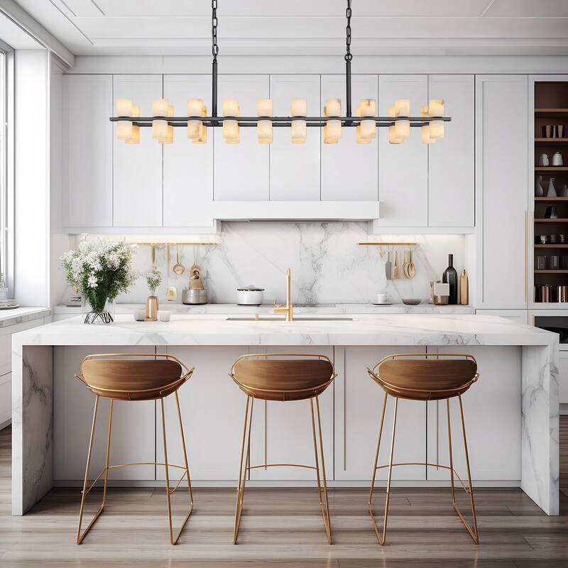 Modern Alabaster Glass Chandelier, Round or Linear Pendant Light with Up & Down Shades, D600-L1370, Copper or Black Finish