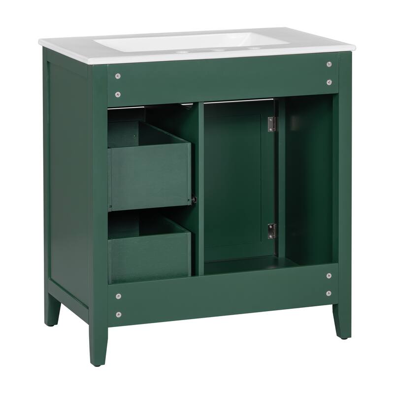 30" Freestanding Bathroom Vanity with Ceramic Sink Top, Single Door Cabinet, 2 Drawers and Round Metal Knobs