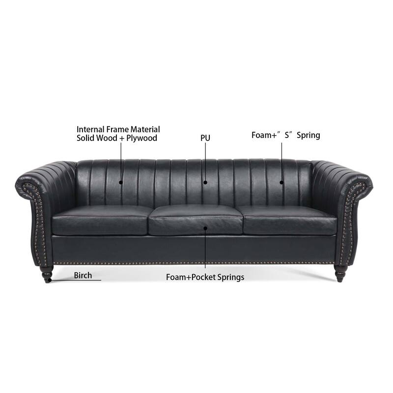 Chesterfield Sofa 83.46" with PU Leather, Quilted Backrest, Birch Legs
