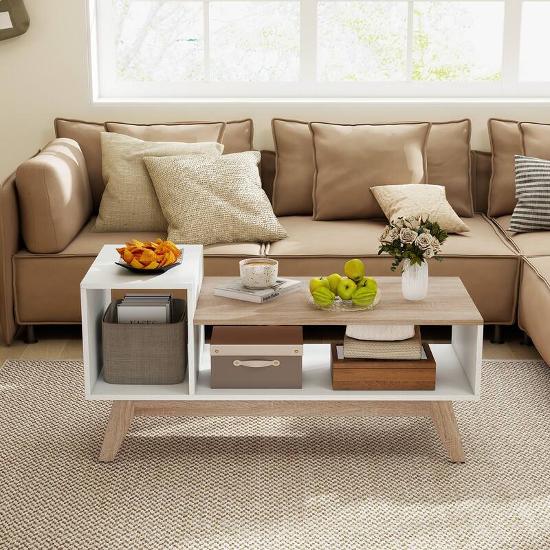 Gymax Coffee Table 43'' Center Table w/ Stepped Tabletop & Storage