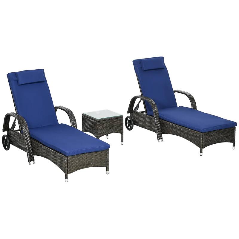 3PCS Wicker Chaise Lounge Set,Adjustable Rattan Chairs,Cushions,Table