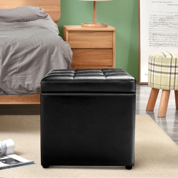 slide 2 of 14, PU Leather Upholstery 16-inch Cube Storage Box Ottoman with Hinge Top