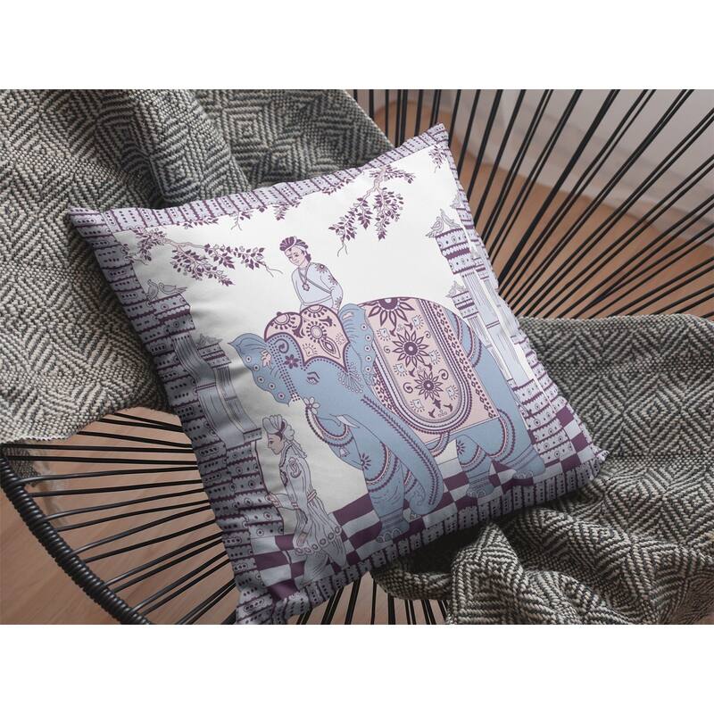 18" Blue Purple Ornate Elephant Zippered Suede Throw Pillow