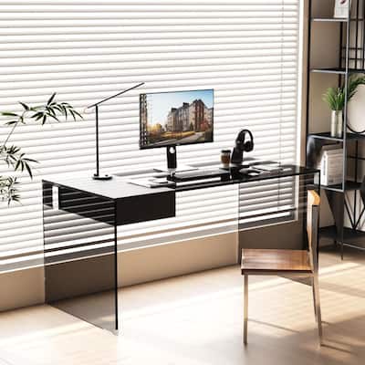 Modern Black Glass Writing Desk with Hidden Drawer Sleek Tempered Glass Study Table for Home Office or Bedroom