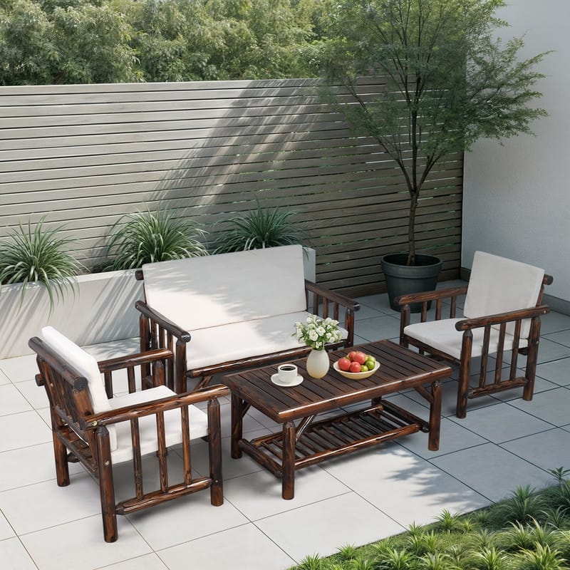 Cedar 4-Piece Wood Patio Conversation Set with Beige Cushions for Afternoon Tea & Conversation - Carbonized